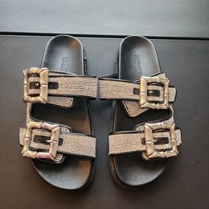 Schutz Embellished Double-Buckle Slide Sandals in Black & Silver